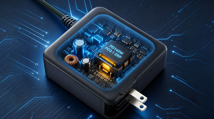 Exploded view detailing safety chips and components of a USB-C PD power adapter