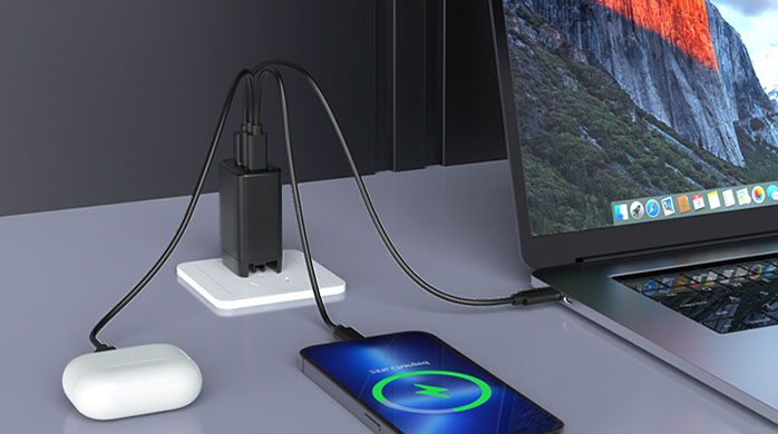 Studio shot displaying the compact and portable form factor of a modern USB-C PD adapter