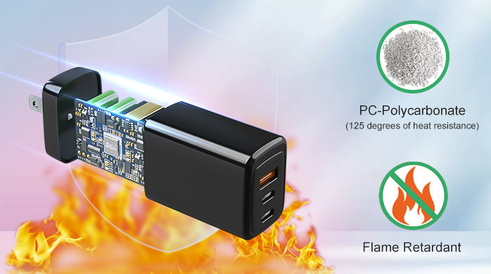 Cutaway of premium USB-C PD adapter revealing cooling and fireproof materials