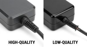 Power adapter quality comparison of high quality and low quality strain relief