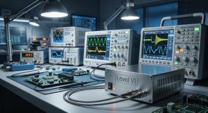 Electronics testing laboratory equipment verifying DOE Level VI compliance on an external power supply