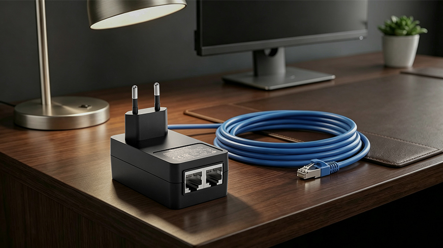 An enterprise-grade PoE adapter sitting alongside high-quality Cat6 network cables