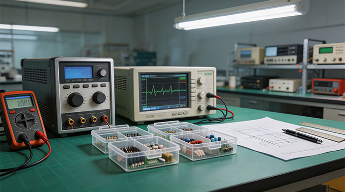 Hardware engineering lab workbench with tools and power supply blueprints