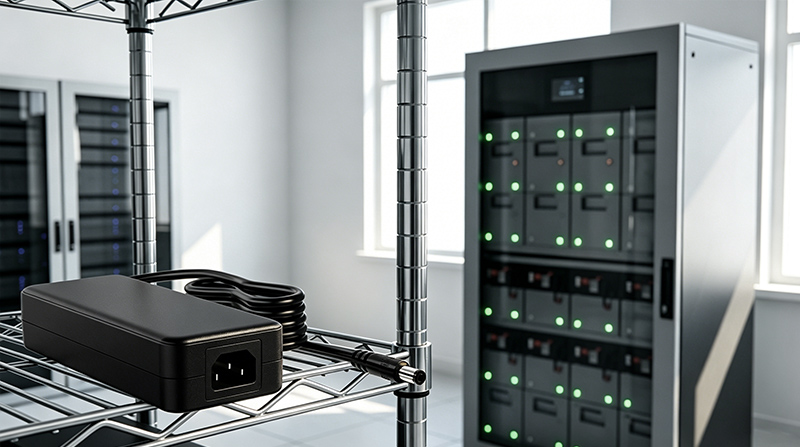 Industrial desktop power adapter placed alongside modular energy storage rack