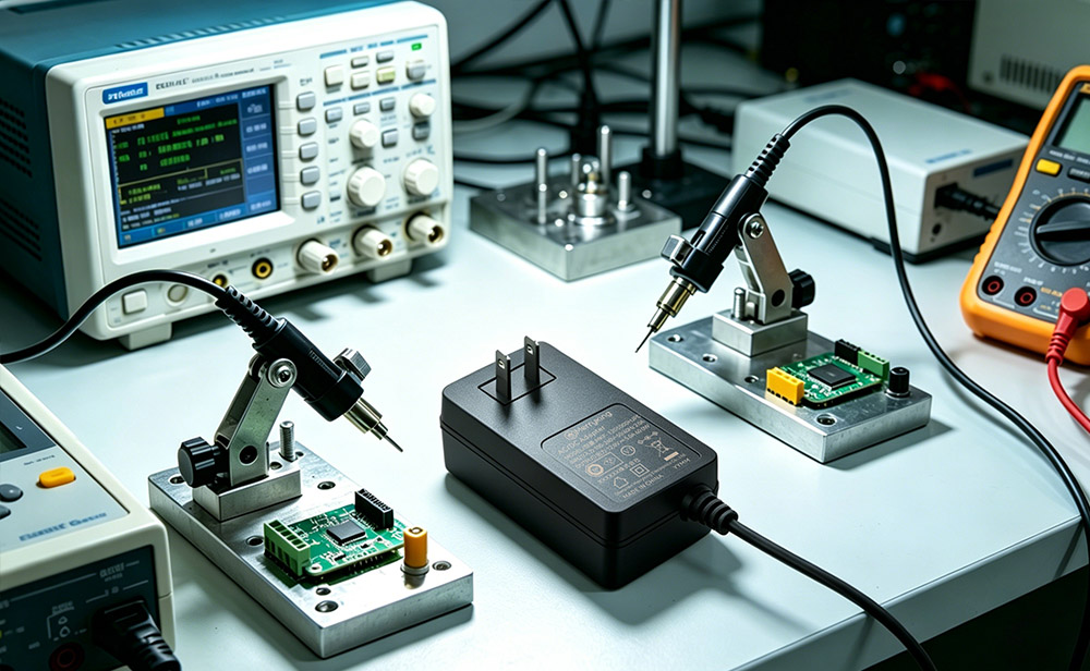Power adapter safety testing laboratory with evaluation equipment