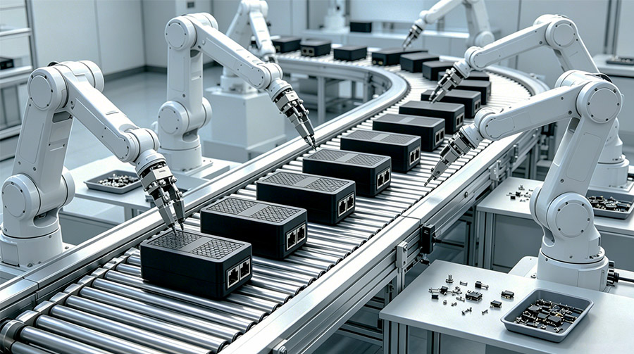 Robotic arm assembling advanced internal components of customized power supplies in a factory
