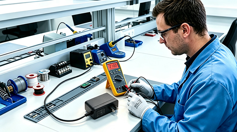 Digital multimeter measuring efficiency and voltage output of a power supply
