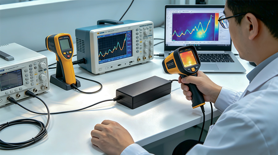 Engineer Testing Power Adapter Heat Dissipation with Thermal Camera