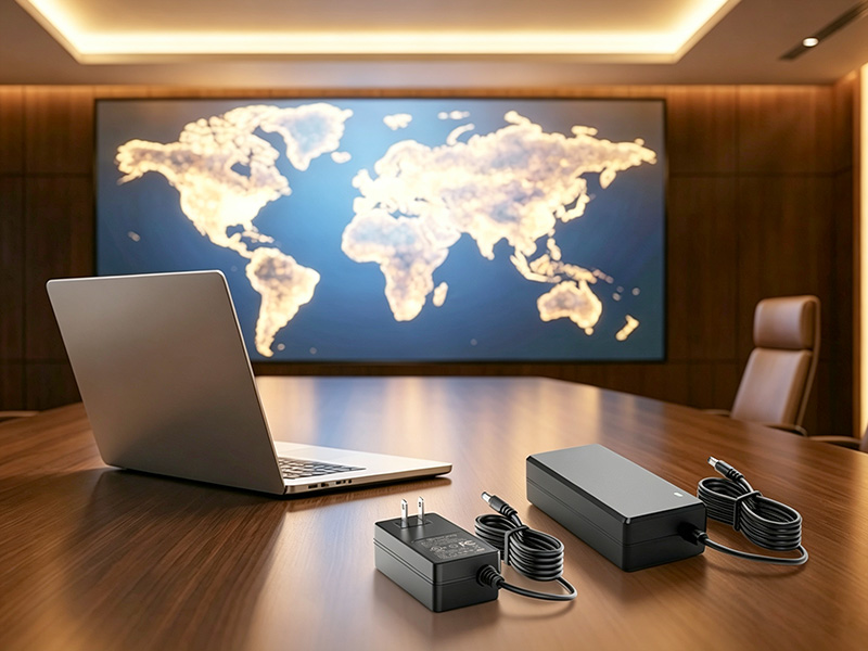 Global Compliance Boardroom with Laptop and Chargers