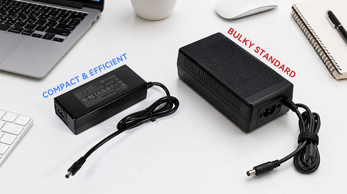 Visual comparison between a bulky standard power adapter and a compact power adapter using a constant power IC