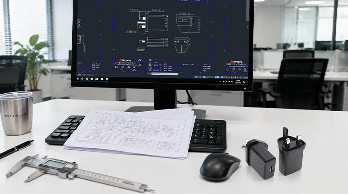 Hardware engineer workspace with calipers, custom adapter enclosures, and blueprints