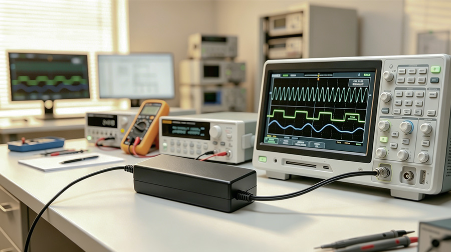 Digital oscilloscope testing the electrical output of a power adapter