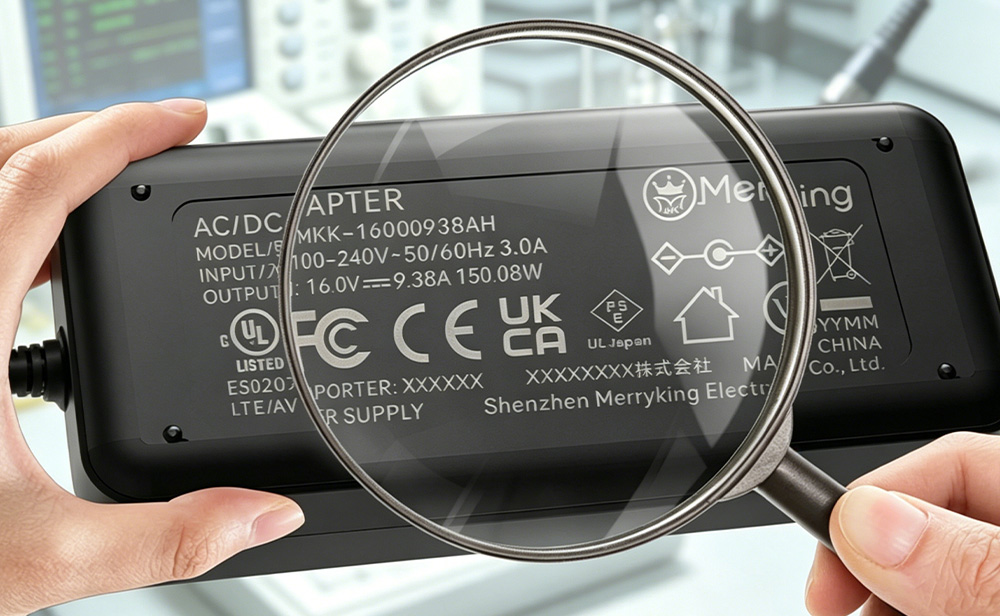 Power-adapter-safety-label-showing-electrical-ratings-under-a-magnifier