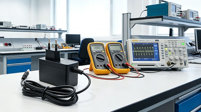 Electrical lab setup showing safety relay testing with multi-meters and active overload protection test equipment