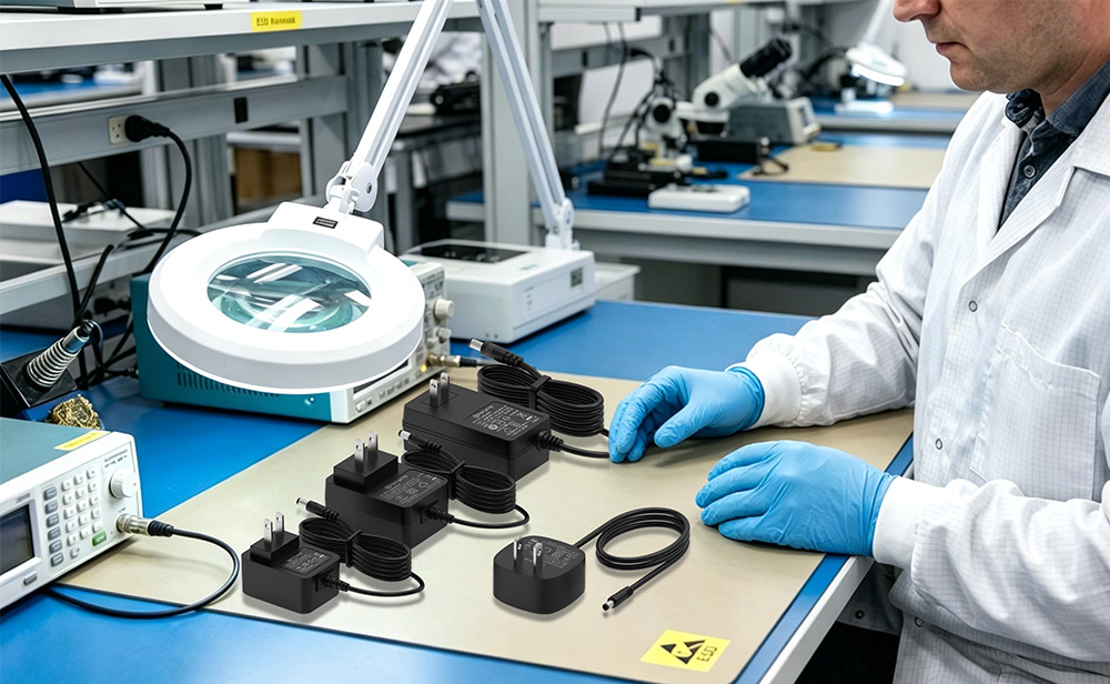 QA-technician-preparing-and-sorting-power-adapter-test-samples