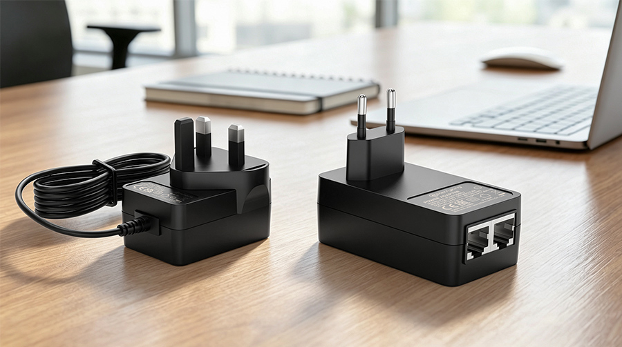 Standard AC wall charger compared side-by-side with a modern compact PoE injector