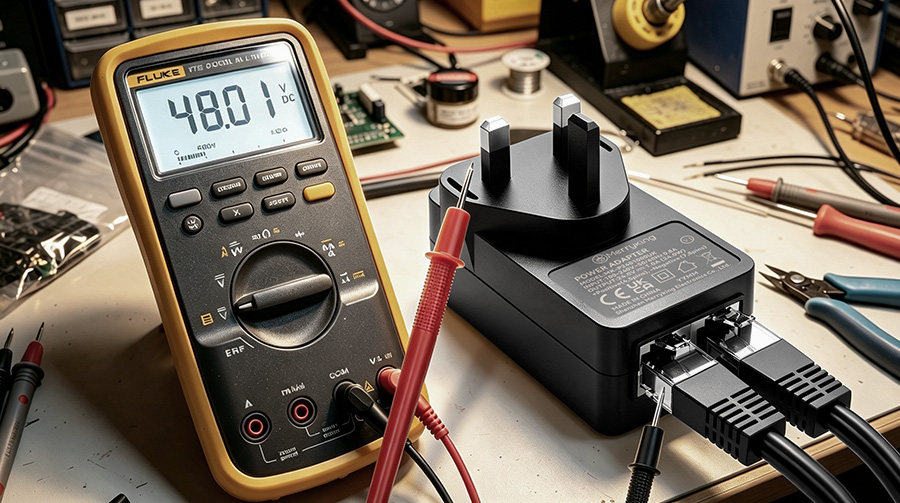 Digital multimeter displaying a precise 48.01 Volt measurement from an active PoE board