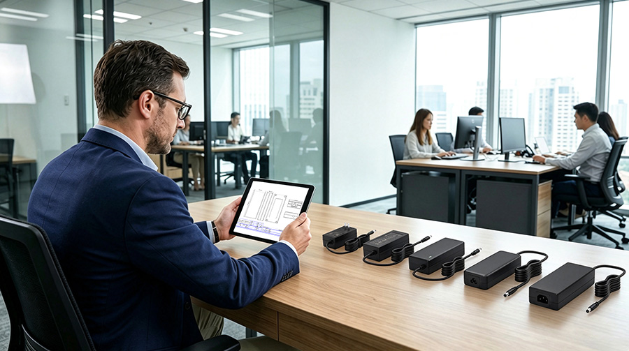 Professional Hardware Procurement Manager Reviewing Laptop Power Adapter Specifications