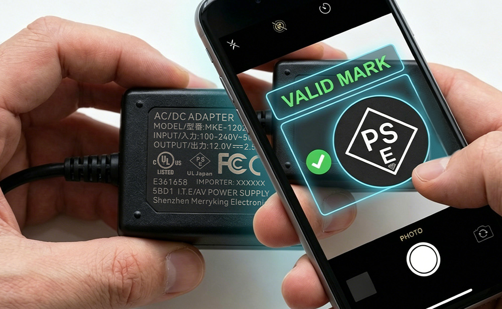 Smartphone scanning physical PSE markings on an adapter casing