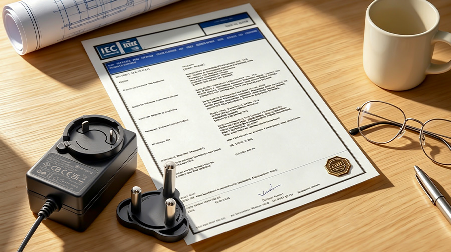 Professional Compliance Certificate with Metal Stamp on Wooden Desk