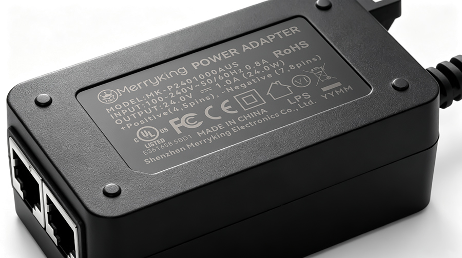 Macro photo of CE, UL, and RoHS safety certifications stamped on the plastic casing of a PoE supply