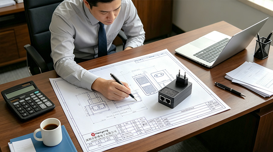 B2B procurement manager analyzing technical blueprints of a power adapter design on a wooden desk