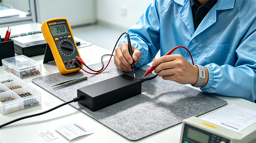 Technician Measuring Power Adapter Voltage in ESD-Safe Environment