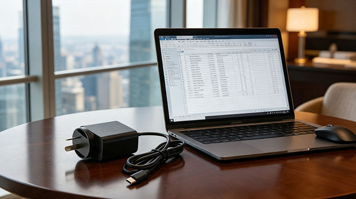 A luxury hotel workspace in Buenos Aires showing a laptop and a charging adapter