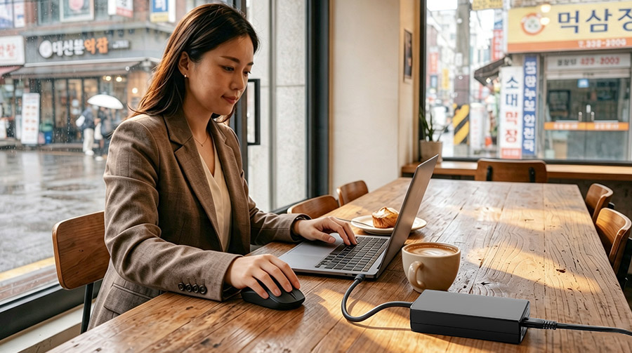 Business traveler working on a laptop in a Seoul cafe with their device plugged in