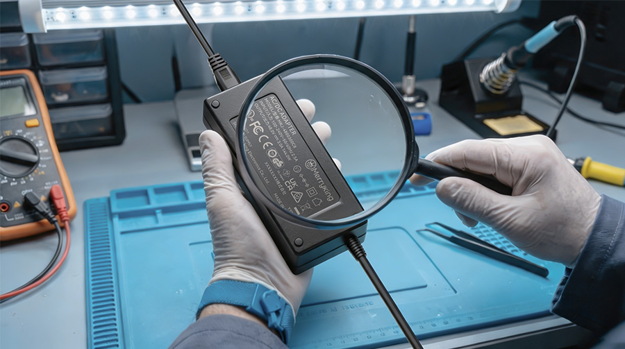 Industrial technician inspecting an adapter label