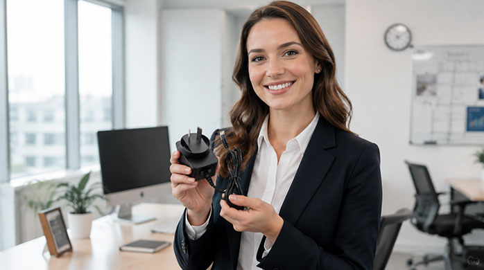 Corporate B2B support team representative presenting a premium adapter
