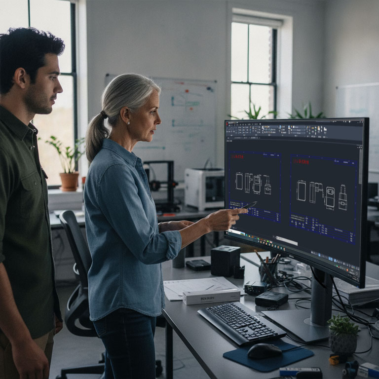 Senior engineer reviewing CAD design of a power adapter on a computer screen