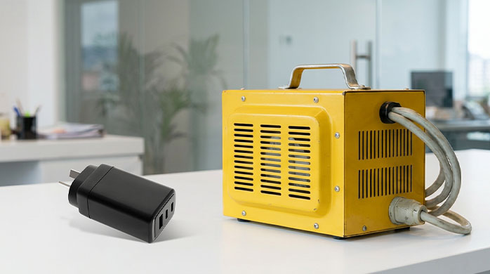 Comparison of a passive travel adapter and a yellow voltage converter