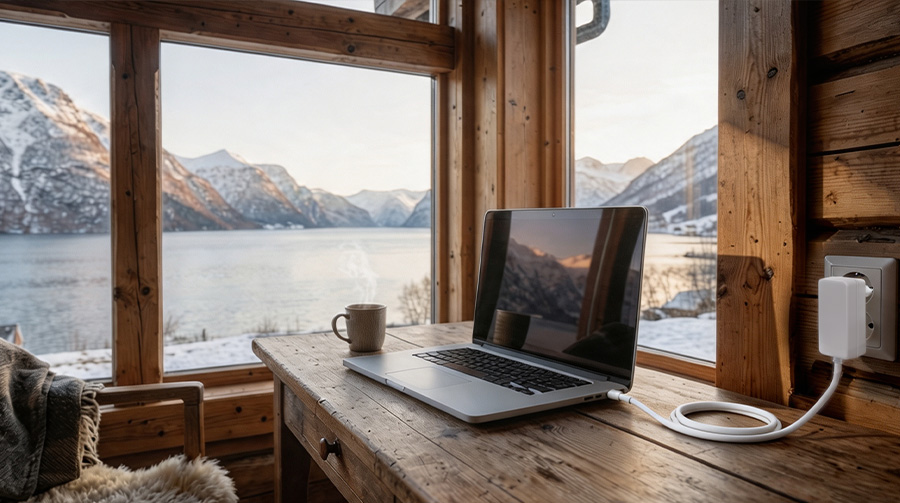 Norwegian Cabin Workspace Fjord Scene