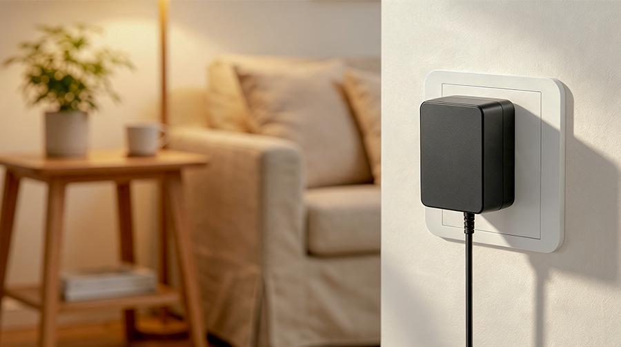 Compact Smart Home IoT Hub with Low-Profile Power Adapter