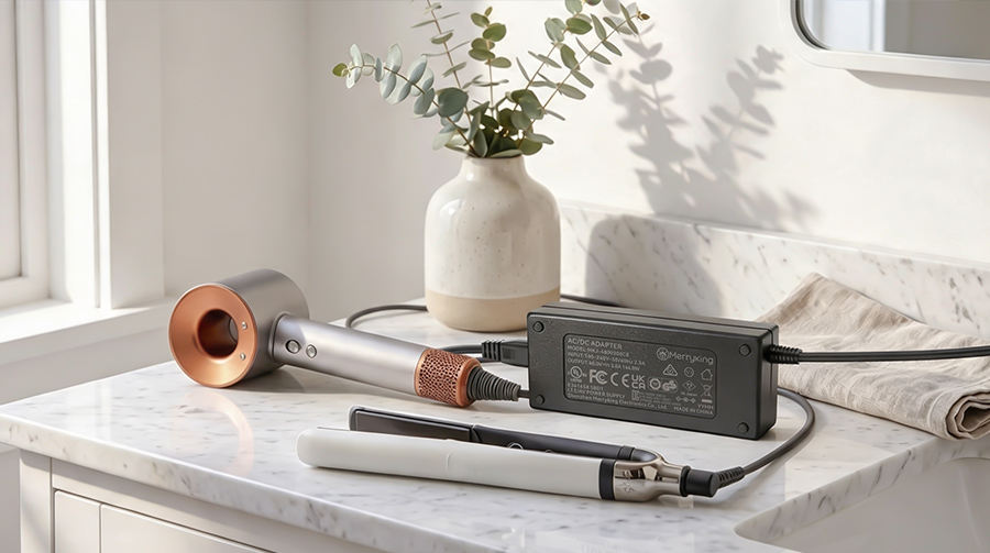 A professional power adapter on a bathroom counter alongside high end hair straighteners and styling tools
