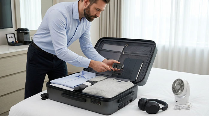 Business traveler packing a premium travel adapter into a suitcase