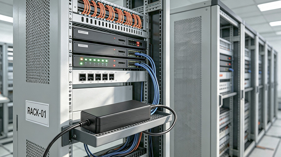 An industrial server room with network racks and professional power distribution units