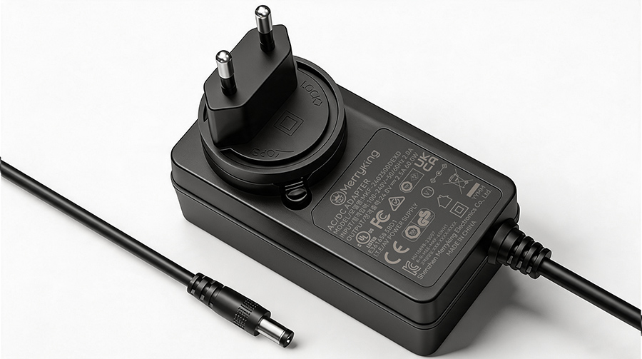 Close-up of a black power adapter casing with debossed KC, CE, and UL safety certification logos