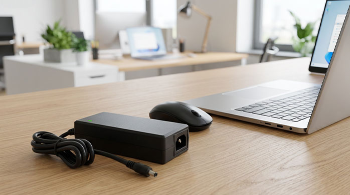 High-Performance Black Desktop Power Adapter on Corporate Workstation