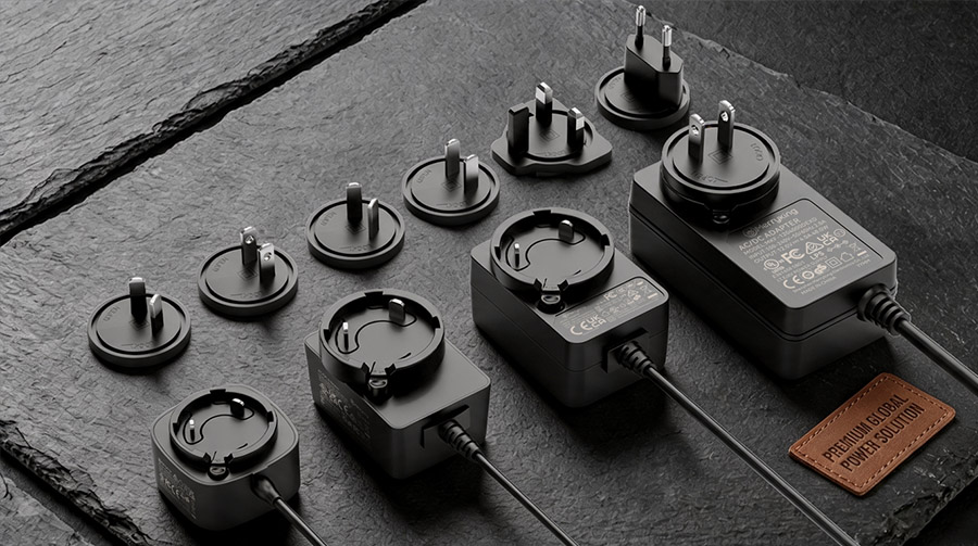 High-quality interchangeable power adapters displayed on a clean catalog surface