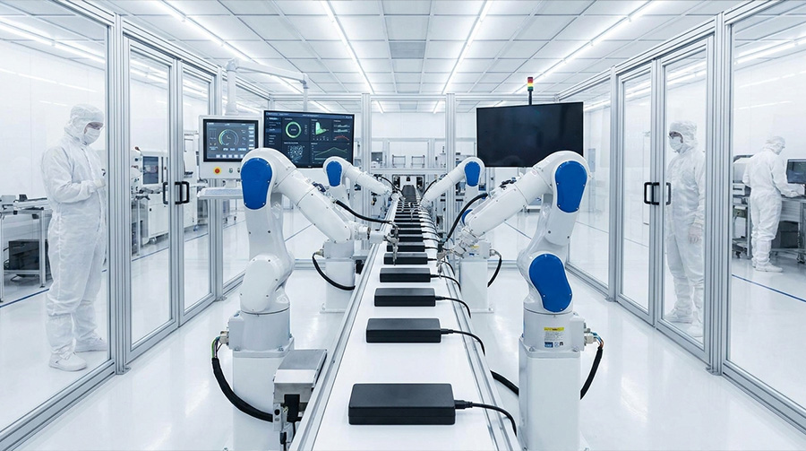 High-tech electronics cleanroom factory with automated production