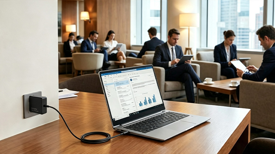 Modern business lounge featuring laptop charging with sleek adapter